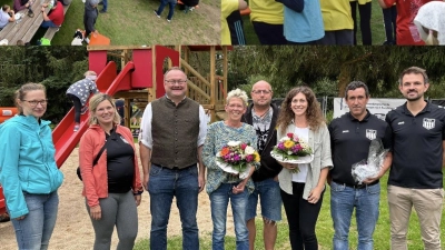 1. Vorsitzender Alfred Negel (Zweiter von rechts) dankte allen, die den Spielplatzneubau maßgeblich unterstützt haben. Stellvertretend von links nach rechts: Steffi Ringer und Verena Welsch (Abteilungsleitung Turnen), 1. Bürgermeister Uwe König, Vroni Grundler (1. Vorsitzende Förderverein FCF), Thomas Lühr (Dämmerschoppen-Ultras), Daniela Dehling (D&#39;Freihunga Theatergrupp&#39;m), Waldemar Weslch (Abteilungsleiter Fußball); nicht im Bild: Michael Kaiser, Platzwart und treibende Kraft bei den Bauarbeiten (Bild: Patrick Horn)