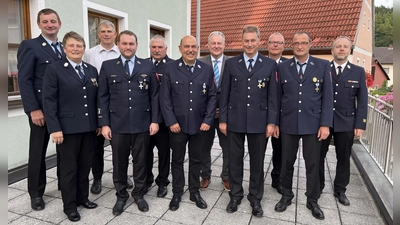 Landrat Richard Reisinger und Kreisbrandrat Christof Strobl (7. und 9.v.li.) händigten die staatlichen Ehrenzeichen in Gold und Silber aus. (Bild: Christine Hollederer)