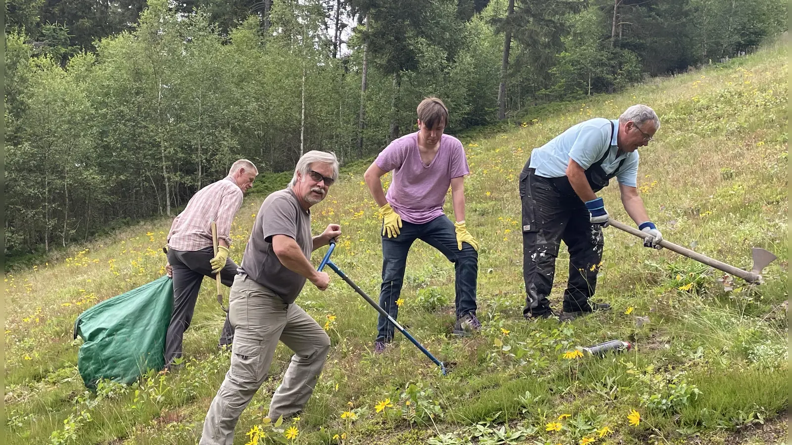 Die BN- Ortsgruppe- Floß- Flossenbürg bei Pflegearbeiten am Skihang Wurmstein  (Bild: Cordula Krebs)