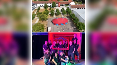 oben: Das Zirkuszelt des Zirkus ZappZarap<br>unten: Mitglieder des Fördervereines mit den Trainern von ZappZarap (Bild: Barbara Streit)