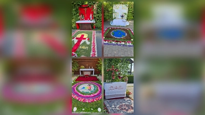 Die vier Altäre und farbenfroh gestalteten Blumenteppiche zur Fronleichnamsprozession in St.Dionysius Neunkirchen (Bild: Beate Suttner)