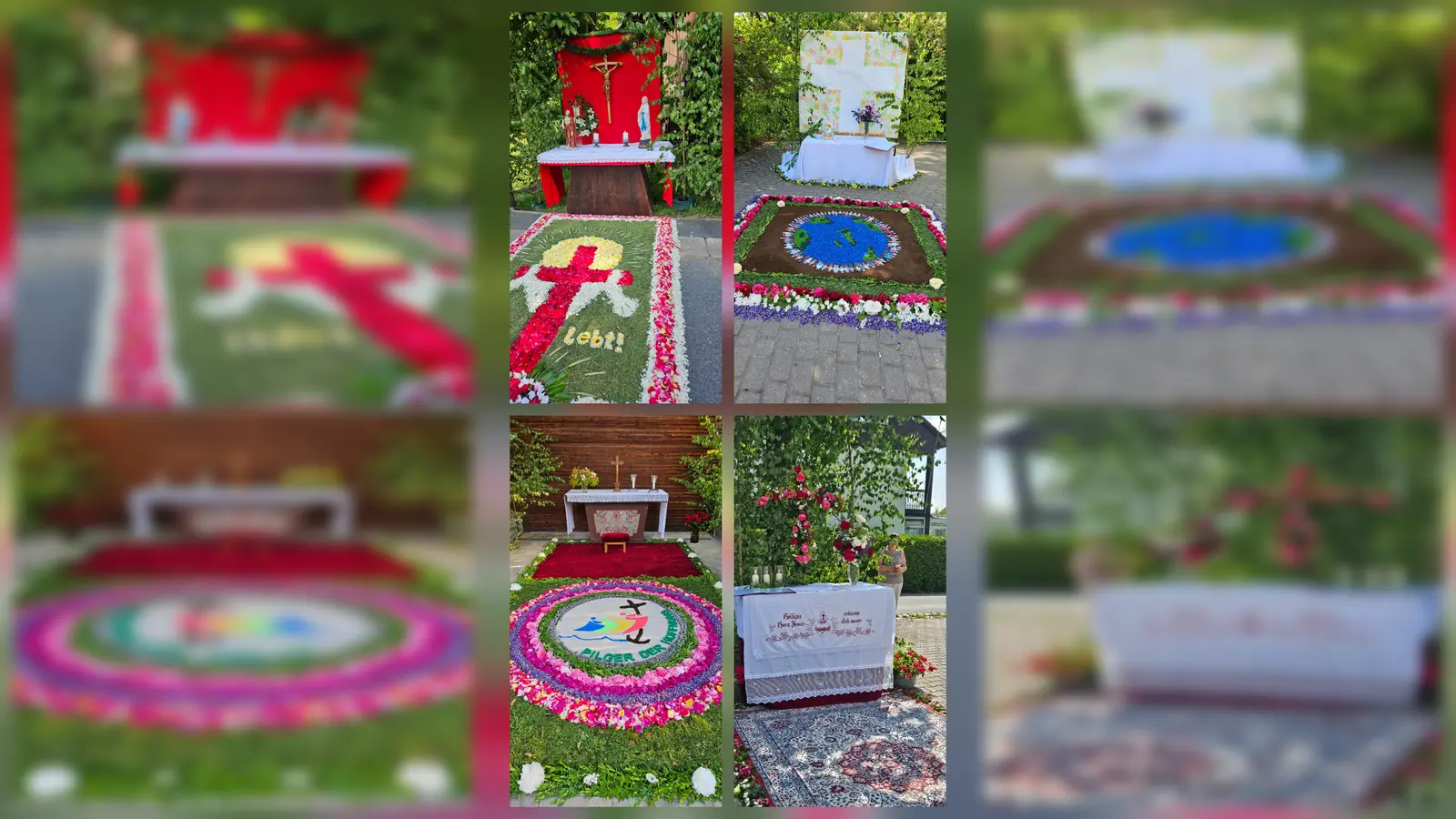 Die vier Altäre und farbenfroh gestalteten Blumenteppiche zur Fronleichnamsprozession in St.Dionysius Neunkirchen (Bild: Beate Suttner)