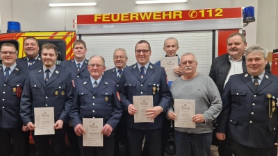 Bei der Schwarzenbacher Wehr stand eine Reihe von Ehrungen an: (von links) Stefan Schmidkonz, Matthias Schiffl, Matthias Schedl, Matthias Wild, Karl-Heinz Schrems, Gregor Beer, Bernd Schmidkonz, Hubert Gleißner, Anton Franz, Michael Schedl, Thomas Schüssler.<br> (Bild: Matthias Wild/exb)