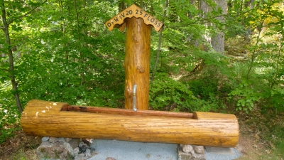 Diesen neuen Wasserbrunnen am Kalkhäusl, unterhalb des Hausberges der Flosser, dem Haselstein, hat Heimatfreund Werner Fritsch in Eigeninitiative erstellt und ist jetzt eine sichtbare Bereicherung an der Kalkhütte, die auch von forstlicher Seite begrüßt wird (Bild: Fred Lehner)