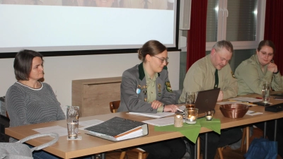 Mit guten Nachrichten aus dem „Eichenlaub”-Vereinsleben warteten Jugendbeauftragte Magdalena Wittmann und Schützenmeister Roland Hösl (von rechts) auf. Von links Schatzmeisterin Birgit Wegmann und Schriftführerin Anna-Maria Wittmann. (Bild: Bernhard Piegsa)