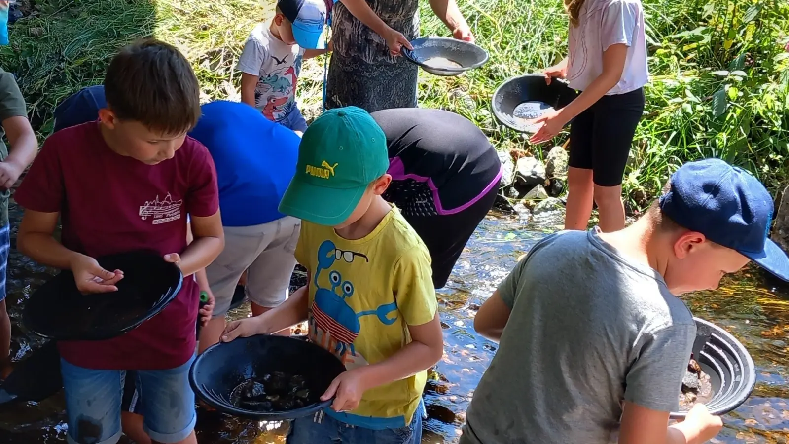 Da lohnt sich ein genauer Blick in das Sieb: Sind Gold oder Edelsteine zu finden? Den kleinen Goldwäschern macht die Aktion des Museumsarbeitskreises Pleystein am Zottbach jedenfalls mächtig Spaß. (Bild: Werner Reger)