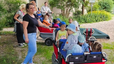 Die Kinder der Krippengruppe bestaunen den Pferdehof von Christian Beierl.  (Bild: Christian Beierl )
