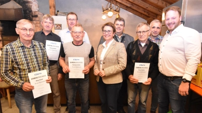 Ehrungen (von links): Heinz Pickel (25 Jahre), Richard Koller (25 Jahre), Otmar Meier (Hauptorganisator des Herbstfestes), Reinhard Lutter (25 Jahre), MdB Susanne Hierl, Bürgermeister Dieter Dehling, Erwin Fischer (45 Jahre), Hubert Sellner (15 Jahre) und der Vorsitzende des CSU Ortsverbands Illschwang Henner Wasmuth  (Bild: Norbert Weis )