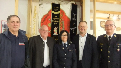 Die Verantwortlichen von Wehr und Gemeinde, die sich zusammen mit dem neuen, zuständigen Kreisbrandrat Christof Strobl (rechts) des Landkreises Amberg - Sulzbach der Öffentlichkeit zeigen. Von links: Georg Straller als Vorsitzender des FW-Vereins, 2. Bürgermeister Johann Vornlocher, Kommandantin Conny Bäuml und Bürgermeister Erich Meidinger.<br> (Bild: gm)