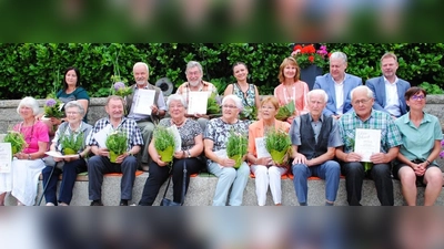 Der Verein für Gartenbau und Ortsverschönerung Lintach ehrt seine Jubilare (hinten, von links): die Jubilare Tanja Saller, Walter Jokiel und Otto Meier, Vorsitzende Melanie Günther, Mandy Göbl, Landrat Richard Reisinger, Bürgermeister Alwin Märkl und Kreisfachberater Markus Fuchs; vorn (von links): die Gründungsmitglieder: Brigitte Schneider, Margarete Forster, Franz Rehaber, Resi Fritsche, Marianne Hassler, Anna Gebhard, Philipp Schwab und Albert Wendl sowie Kreisfachberaterin Michale Basler. (Bild: Alfred Schorner)