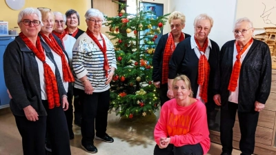 Die Veeh-Harfen-Gruppe der Musikschule Neustadt mit der Pflegedienstleitung des Hospiz Sankt Felix, Tanja Recht. (Bild: Regina Meier)