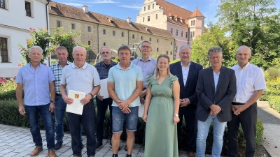 Abschied für langjährige Mitarbeiter des Landratsamtes Amberg-Sulzbach. Zusammen waren sie 236 Jahre im öffentlichen Dienst tätig.Von links: Norbert Herzing, Heinz Nefe, Maximilian Krammer, Ludwig Baumer, Peter Wirth, Dr. Konrad Gradl, Sophie Aures (Personalamt), Landrat Richard Reisinger, Personalratsvorsitzender Erich Findl und Personalamtsleiter Josef Kotz. (Bild: Christine Hollederer)