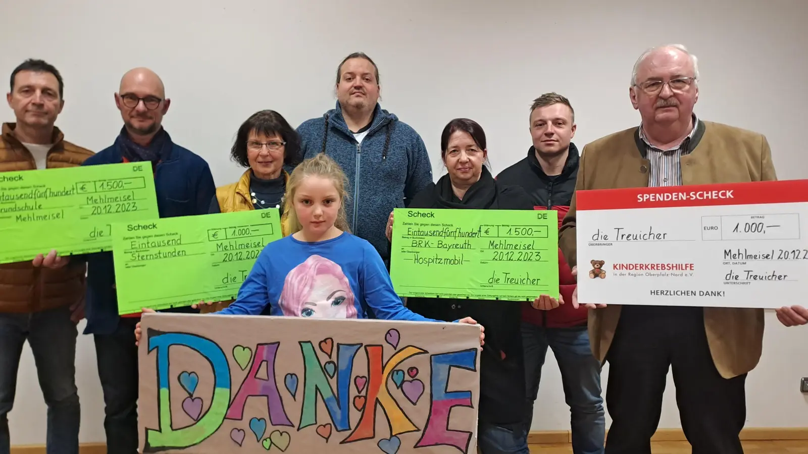 Vertreter der beschenkten Institutionen mit Uli Pscherer (links), Sigrid Bauer (Dritte von links), Johannes Lautenbacher (Vierter von links), Raphael Pscherer (Zweiter von rechts) und Leni Lautenbacher (vorne). (Bild: gis/exb)