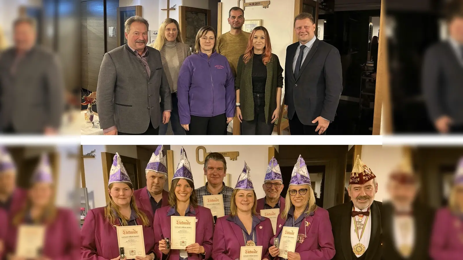 Bild oben Vorstandschaft v.l.: Johann Brandl (Stadtverband für Sport), Natalie Wölfl, Daniela Tschinkl, Michael Zintl, Ulrike Schmidt, Bürgermeister Stefan Grillmeier.<br>Bild unten die Geehrten v.l.: Daniela Wiesner, Andreas Kunz, Christina Grillmeier, Jens Tschinkl, Daniela Tschinkl, Thomas Buchmann, Karin Buchmann, Günter Fennerl (FVF), im Bild fehlt Jürgen Bauer. (Bild: Ulrike Schmidt)