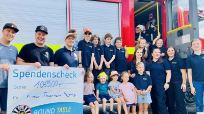 Das löste bei der Raigeringer Kinderfeuerwehr, die sich Hydrantenbande nennt, große Freude aus, als die Vertreter von Round Table 69 Amberg einen Scheck über 1069 Euro übergaben. Von links. die RT-Delegation mit Tobi Höhne, Schatzmeister Stefan Fuchs und Club-Präsident Dr. Andreas Heil.  (Bild: usc)