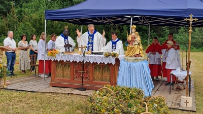 Den Altar zum Patroziniumsfest in Steinfels schmücken die Madonna aus der Schlosskapelle und Kräuterbuschen (Bild: Priska Hofmann)