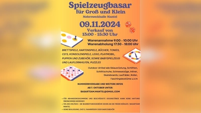 Spielzeugbasar 09.11.2024 13-15:30 Uhr MZH Mantel (Bild: basarteam.mantel@gmail.com)