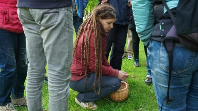 Biodiversitätsberaterin Cornelia Straubinger beim Erklären von Wildpflanzen in den Parkanlagen in Mitterteich (Bild: Wolfgang Schödel)