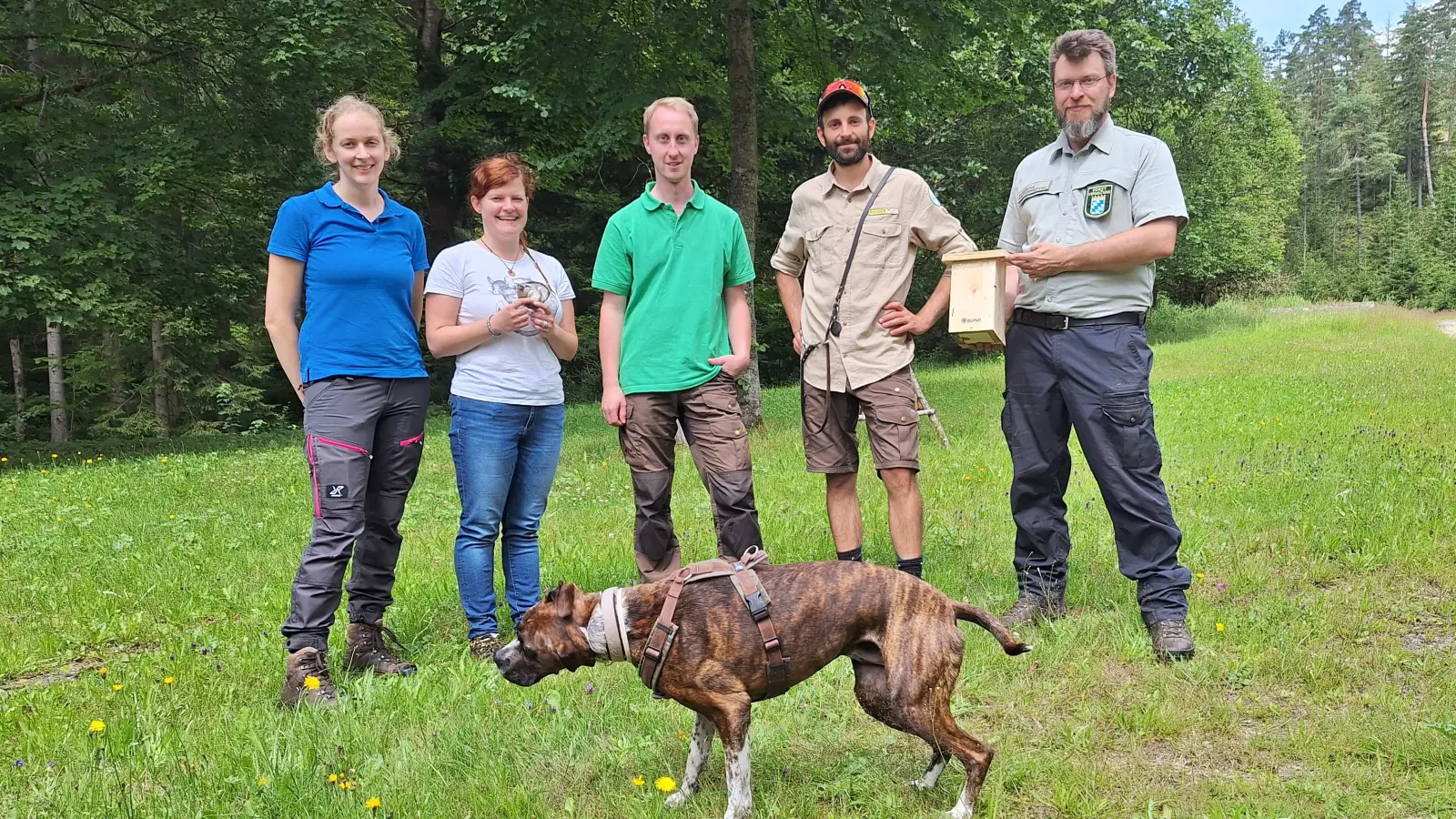 Alle Akteure (von links nach rechts): Aline Schwarz (Fachstelle Waldnaturschutz Oberpfalz), Stefanie Jessolat (ehrenamtliche Gartenschläferbeauftragte des BN), Reinhard Herrmann (Stadtwaldförster Kemnath), Nico Daume (Naturparkranger Fichtelgebirge, Roman Diezel (Fachstelle Waldnaturschutz Oberfranken).<br> (Bild: Aline Schwarz)