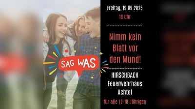 Flyer SagwAS! in Hirschbach, Feuerwehrhaus Achtel, Freitag 19.09.2025 um 18 Uhr (Bild: Koja Amberg-Sulzbach und Gemeinde Hirschbach)