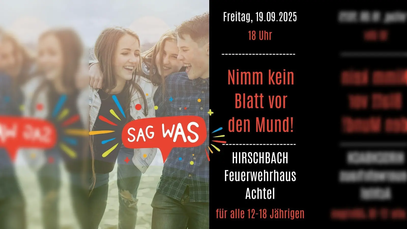 Flyer SagwAS! in Hirschbach, Feuerwehrhaus Achtel, Freitag 19.09.2025 um 18 Uhr (Bild: Koja Amberg-Sulzbach und Gemeinde Hirschbach)
