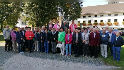 Die Pilgergruppe am Wolfgangsbrunnen vor der Wallfahrtskirche (Bild: Udo Klösel)