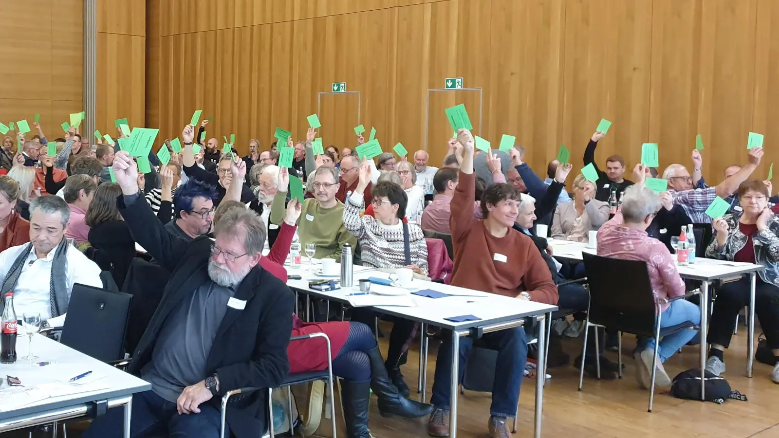 Bei einer Probeabstimmung zur neuen Satzung gingen die Stimmkarten der Synodalinnen und Synodalen nach oben. (Bild: Susanne Götte)