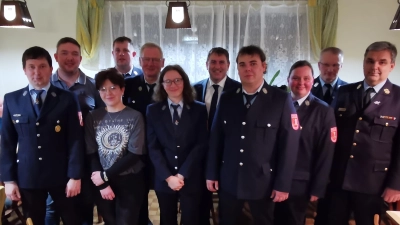 Vorsitzender Matthias Friedl (vorne links) und das Führungsteam der Feuerwehr Heinersreuth.<br> (Bild: hzi)