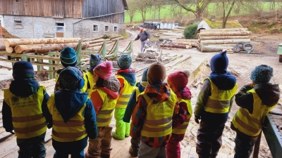 Große Spannung bei den Kindern, wie aus den Bäumen Bretter werden. (Bild: Jessica Pöllath)