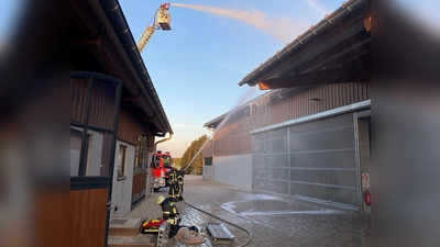 Der Löschangriff der Feuerwehren am Pferdegestüt in Neunkirchen läuft über die Drehleiter und über die Trupps am Boden. (Bild: Gerd Miederer)