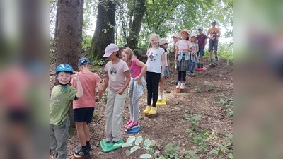 Der Boden ist Lava - Mit viel Geschick halfen sich die Kinder gegenseitig und bahnten sich den Weg durch den Wald.  (Bild: Anja Rembold)