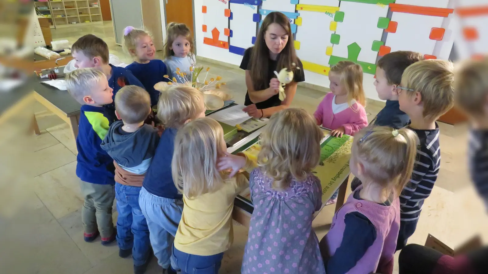 Die Kindergartenkinder des Kinderhauses Kunterbunt lauschen gespannt, was Christina Trenner vom Imkerverein Tirschenreuth und Umgebung über die Honigbiene erzählt. (Bild: Christina Sladky)