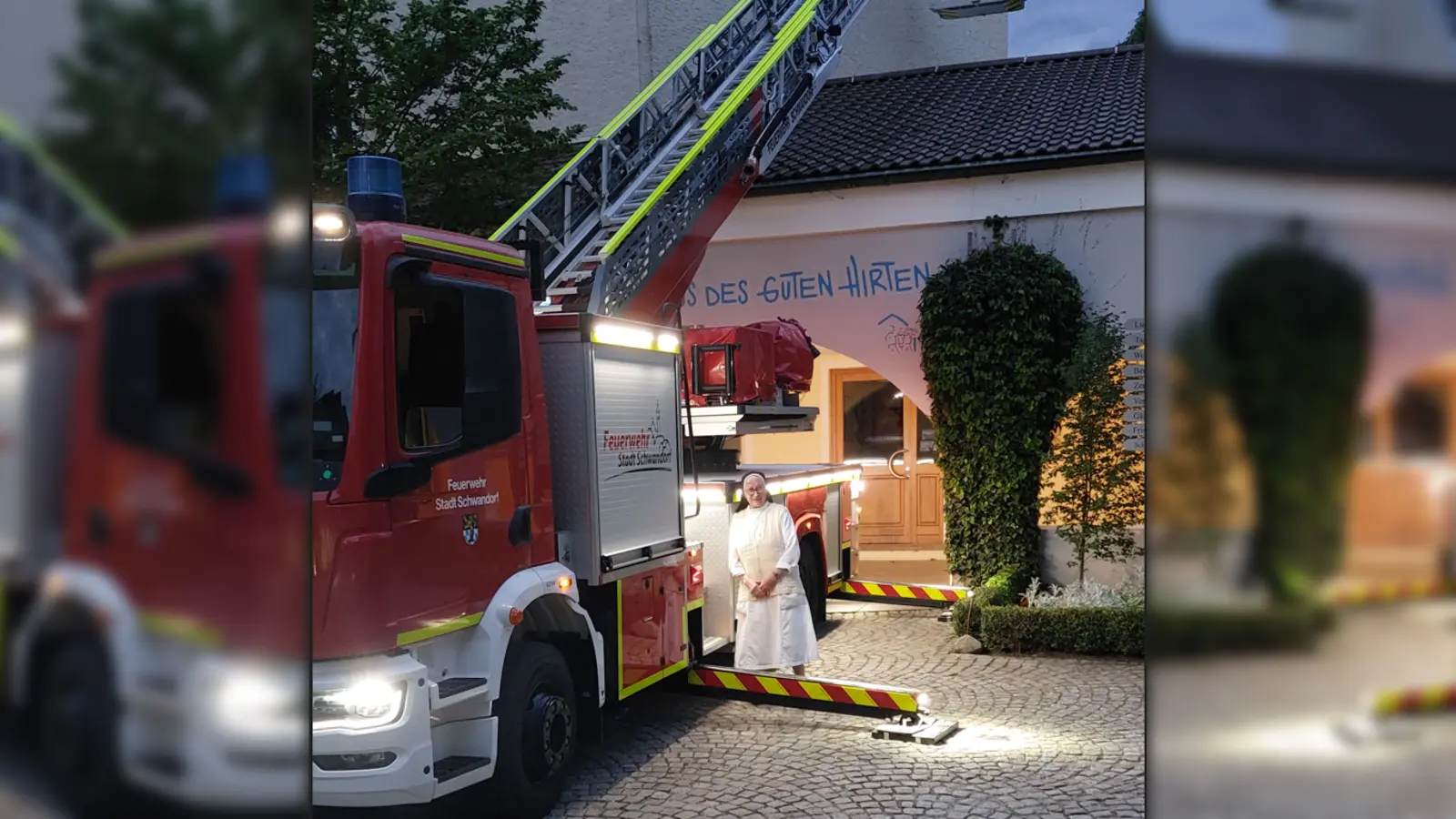 Sr. Donata verfolgt interessiert die Feuerwehrübung.  (Bild: Johannes Zilch)