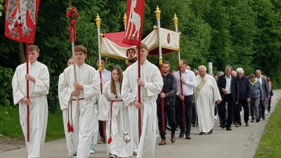 Viele Gläubige beteiligten sich am Flurumgang bzw. der Bittprozession am Pfingstmontag. Pfarrer Udo Klösel trug das Allerheiligste unter dem Baldachin mit und erteilte jeweils den Segen an den vier Altären. (Bild: Peter Garreiss)